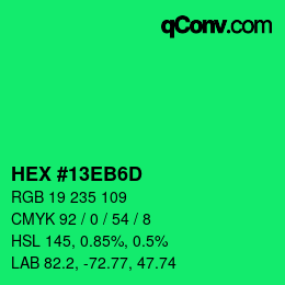 カラーコード: HEX #13EB6D | qconv.com