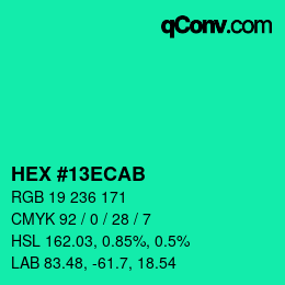颜色代码: HEX #13ECAB | qconv.com