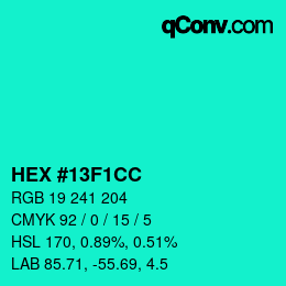 Color code: HEX #13F1CC | qconv.com