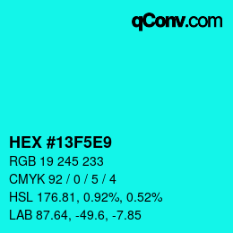 Color code: HEX #13F5E9 | qconv.com