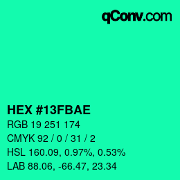 カラーコード: HEX #13FBAE | qconv.com