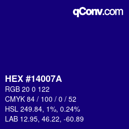 Farbcode: HEX #14007A | qconv.com