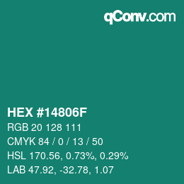 颜色代码: HEX #14806F | qconv.com