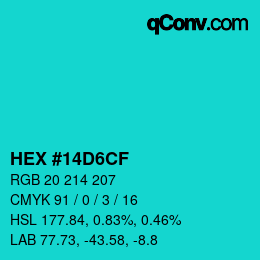 颜色代码: HEX #14D6CF | qconv.com