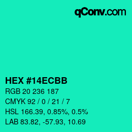 カラーコード: HEX #14ECBB | qconv.com