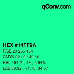 Color code: HEX #14FF9A | qconv.com