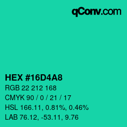 カラーコード: HEX #16D4A8 | qconv.com