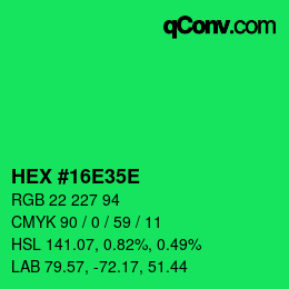 Farbcode: HEX #16E35E | qconv.com