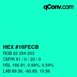 カラーコード: HEX #16FECB | qconv.com