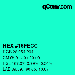 Color code: HEX #16FECC | qconv.com