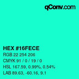 Color code: HEX #16FECE | qconv.com
