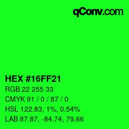 颜色代码: HEX #16FF21 | qconv.com