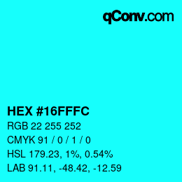 Color code: HEX #16FFFC | qconv.com