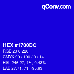 Color code: HEX #1700DC | qconv.com
