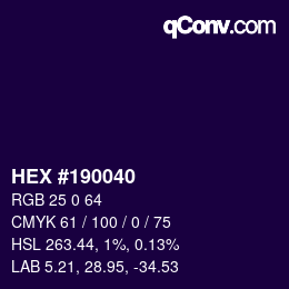 Farbcode: HEX #190040 | qconv.com