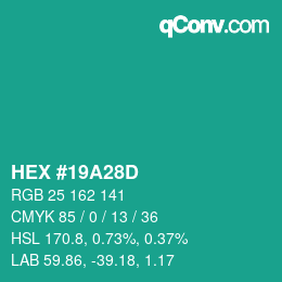 カラーコード: HEX #19A28D | qconv.com