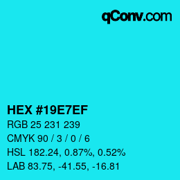 Color code: HEX #19E7EF | qconv.com
