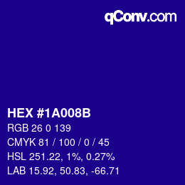 カラーコード: HEX #1A008B | qconv.com