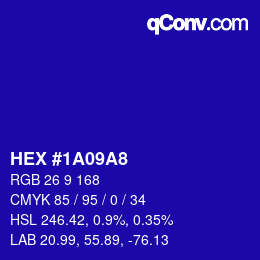 Color code: HEX #1A09A8 | qconv.com
