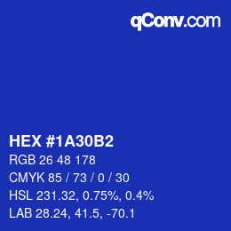 颜色代码: HEX #1A30B2 | qconv.com