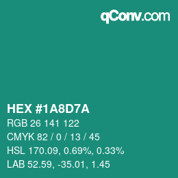 Color code: HEX #1A8D7A | qconv.com