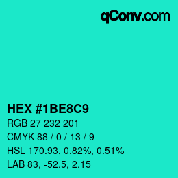 カラーコード: HEX #1BE8C9 | qconv.com