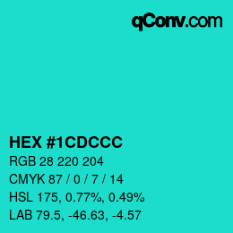 カラーコード: HEX #1CDCCC | qconv.com