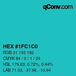 カラーコード: HEX #1FC1C0 | qconv.com