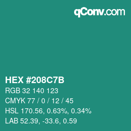 カラーコード: HEX #208C7B | qconv.com