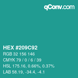 カラーコード: HEX #209C92 | qconv.com