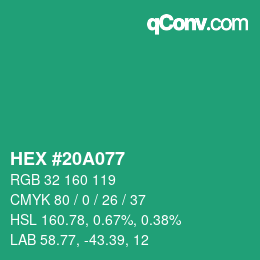 カラーコード: HEX #20A077 | qconv.com