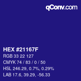 Farbcode: HEX #21167F | qconv.com