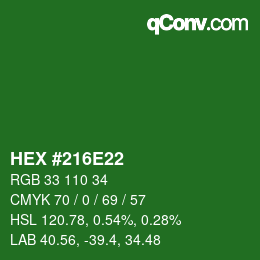 Farbcode: HEX #216E22 | qconv.com