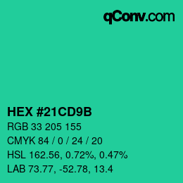 カラーコード: HEX #21CD9B | qconv.com