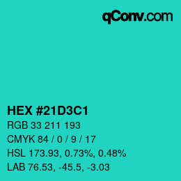 カラーコード: HEX #21D3C1 | qconv.com