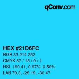 カラーコード: HEX #21D6FC | qconv.com