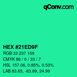 Color code: HEX #21ED9F | qconv.com