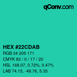 カラーコード: HEX #22CDAB | qconv.com