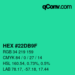 Color code: HEX #22DB9F | qconv.com