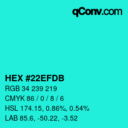 Color code: HEX #22EFDB | qconv.com
