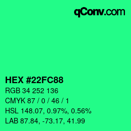 Farbcode: HEX #22FC88 | qconv.com