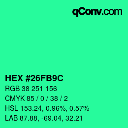 Color code: HEX #26FB9C | qconv.com