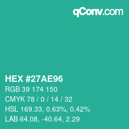 カラーコード: HEX #27AE96 | qconv.com