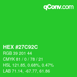 Color code: HEX #27C92C | qconv.com