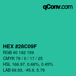カラーコード: HEX #28C09F | qconv.com