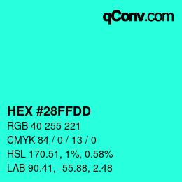 Color code: HEX #28FFDD | qconv.com