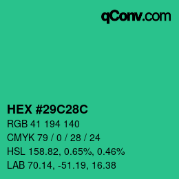 Color code: HEX #29C28C | qconv.com