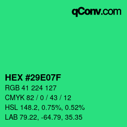 カラーコード: HEX #29E07F | qconv.com