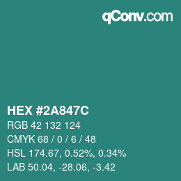 カラーコード: HEX #2A847C | qconv.com