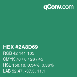カラーコード: HEX #2A8D69 | qconv.com